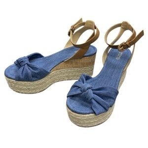 Michael Kors Blue Denim Knot Wedge Sandals with Tan Ankle Strap